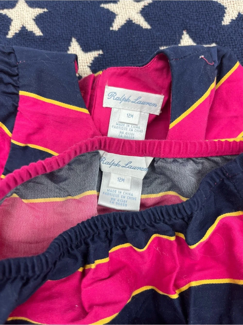 Ralph Lauren Navy Hot Pink Yellow Striped Dress with Bloomers Size 12 Month